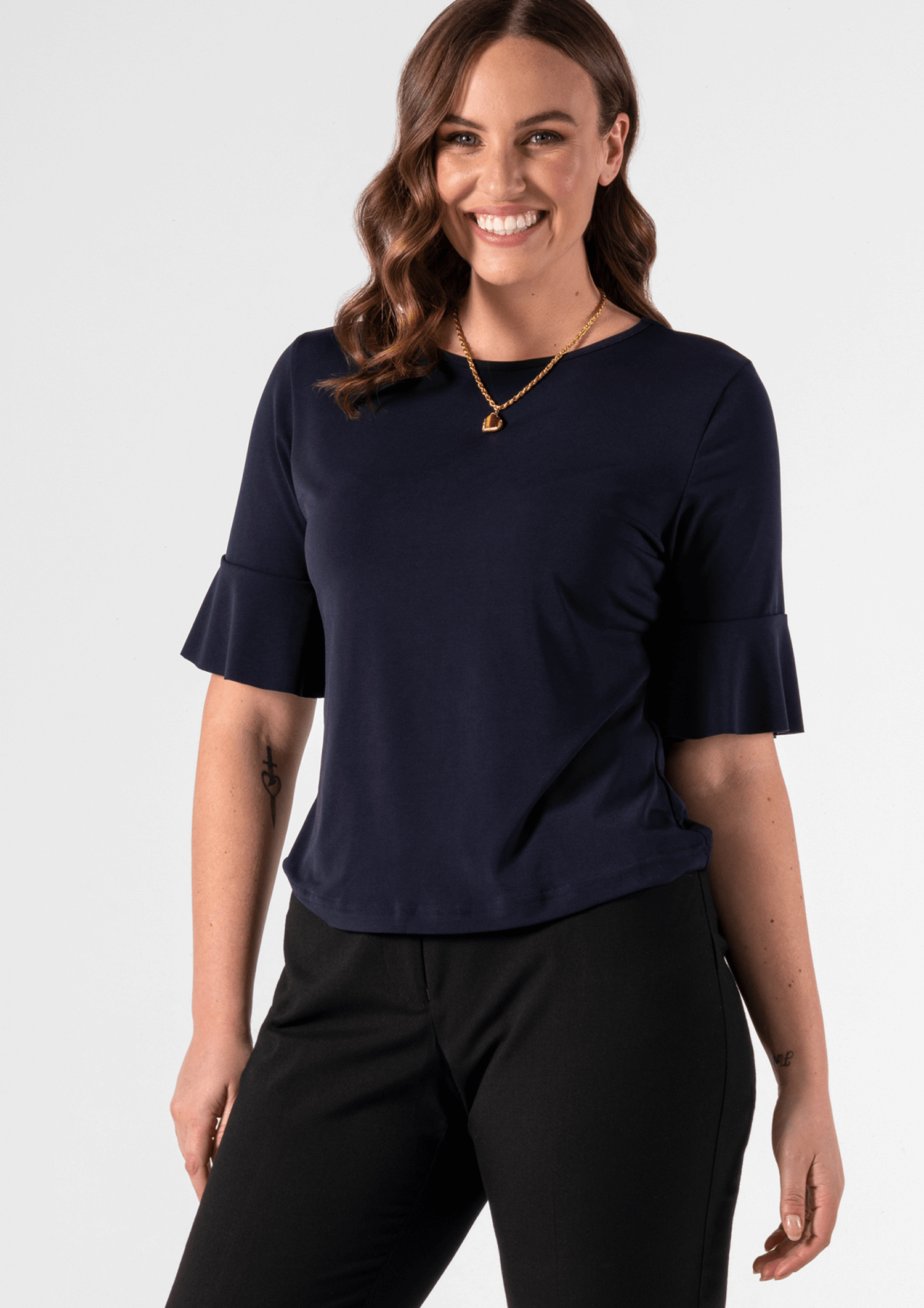 Roma Frill Sleeve Top - navy