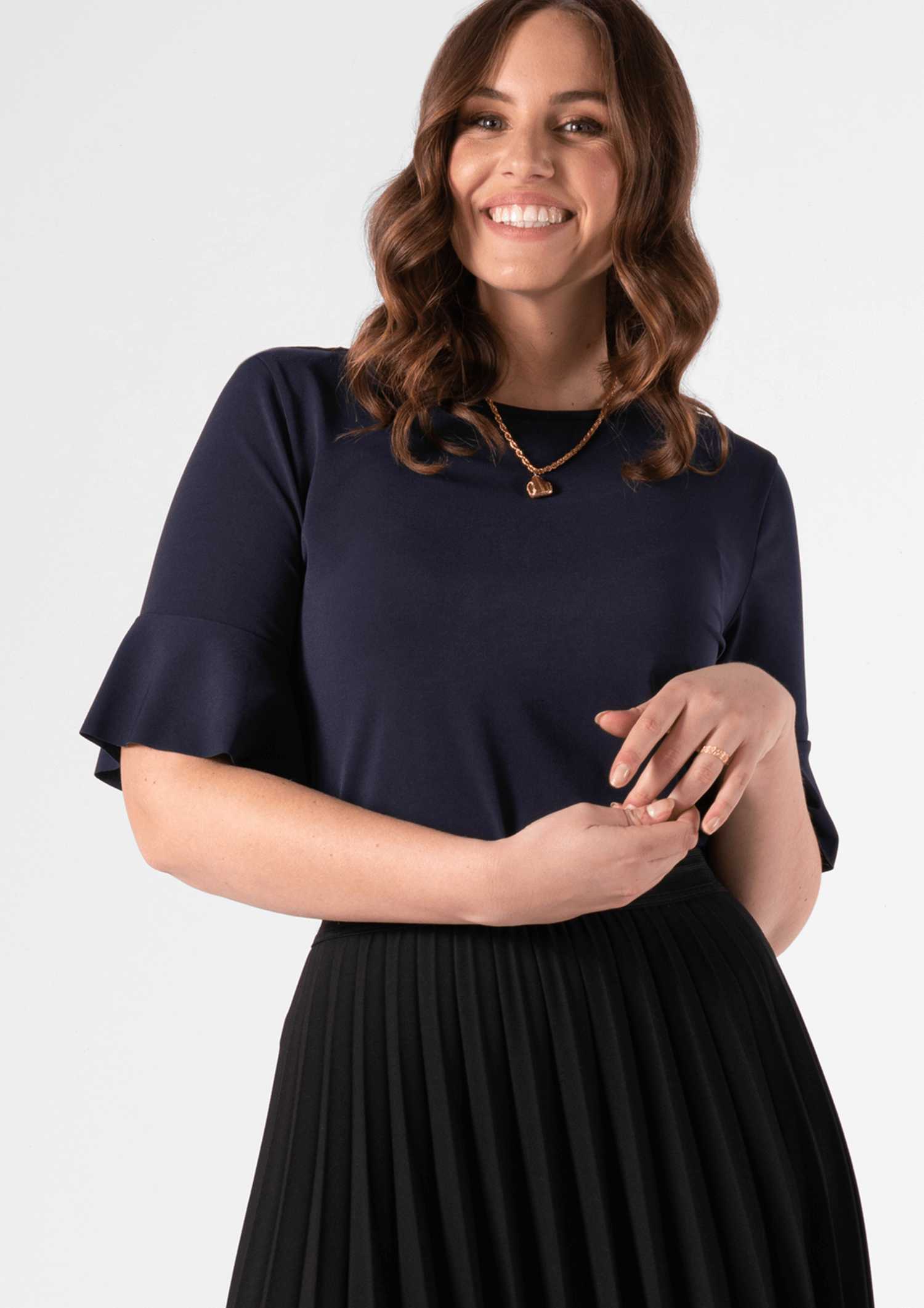 Roma Frill Sleeve Top - navy