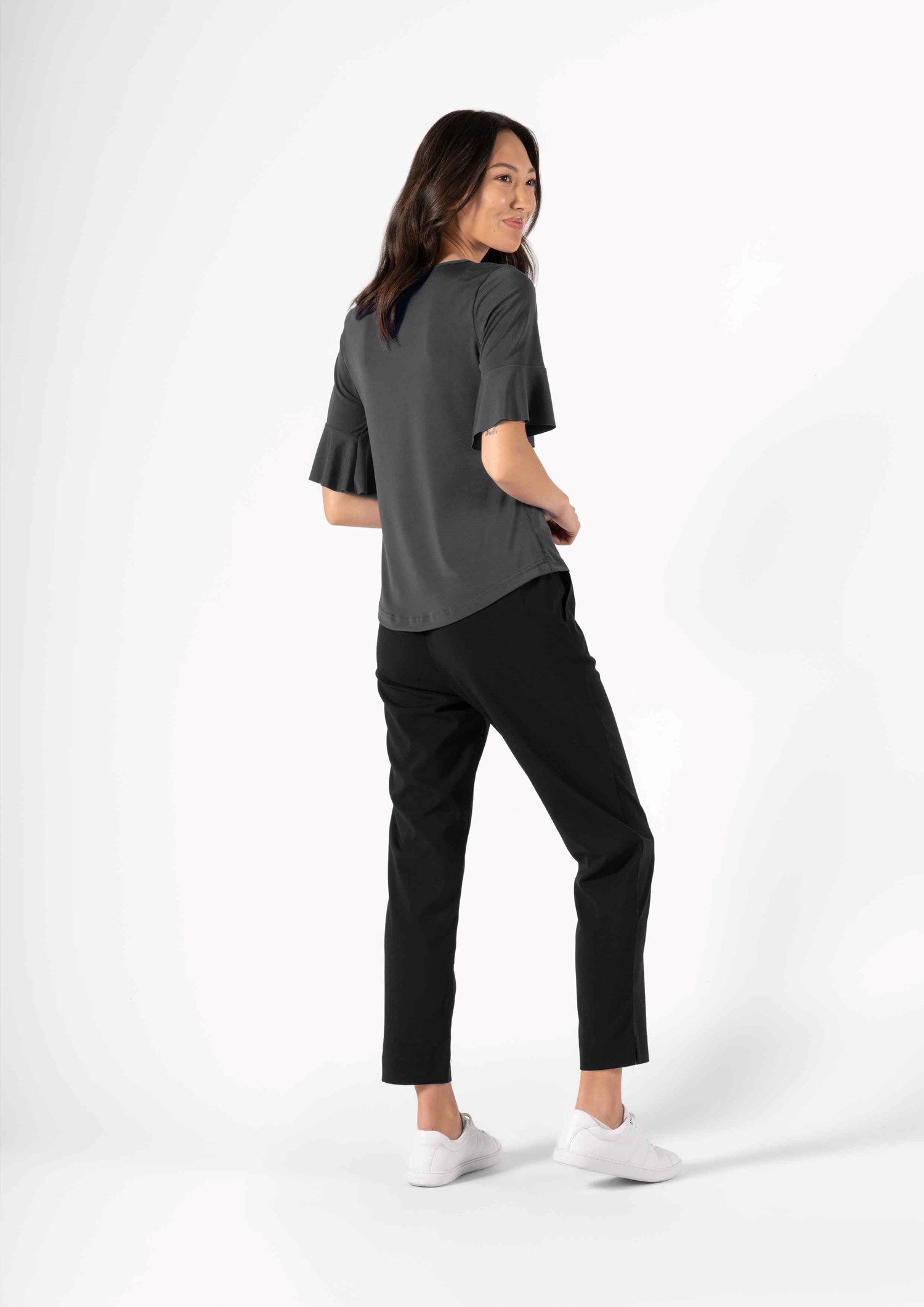 Roma Frill Sleeve Top - charcoal