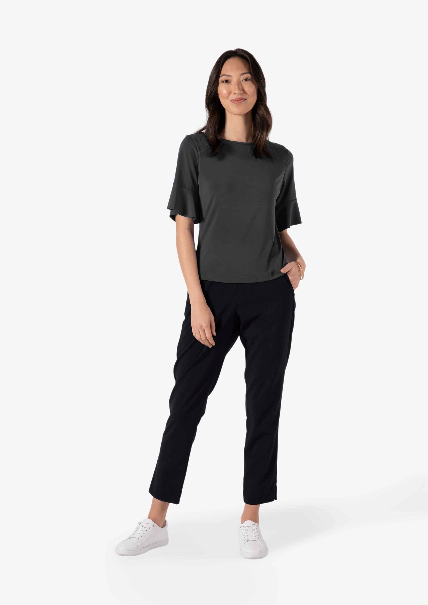 Roma Frill Sleeve Top - charcoal