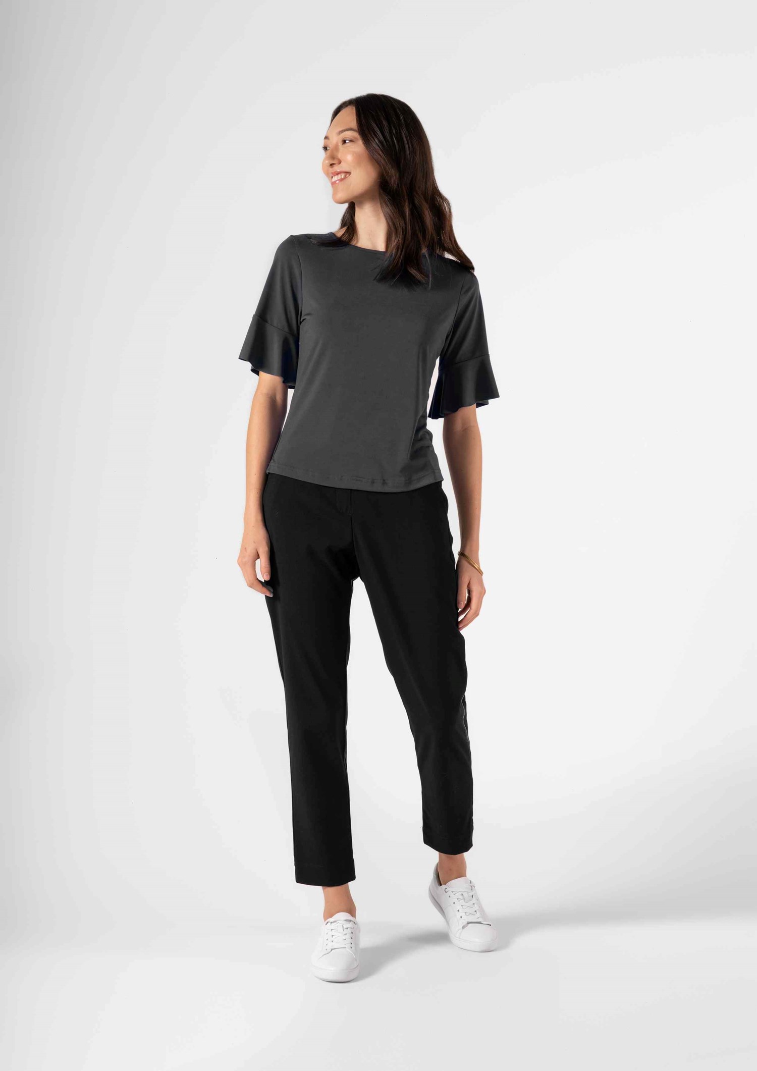 Roma Frill Sleeve Top - charcoal