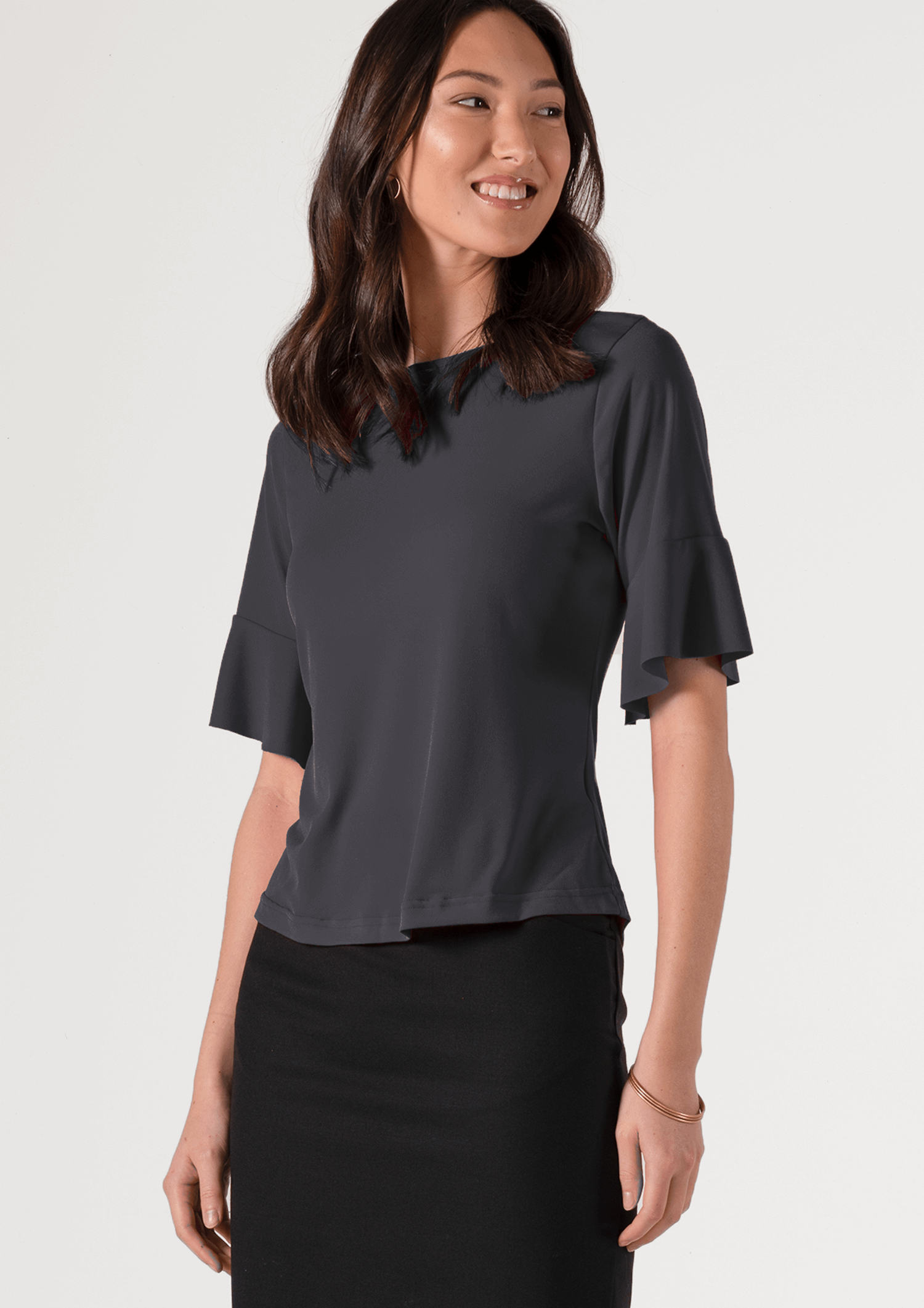 Roma Frill Sleeve Top - charcoal