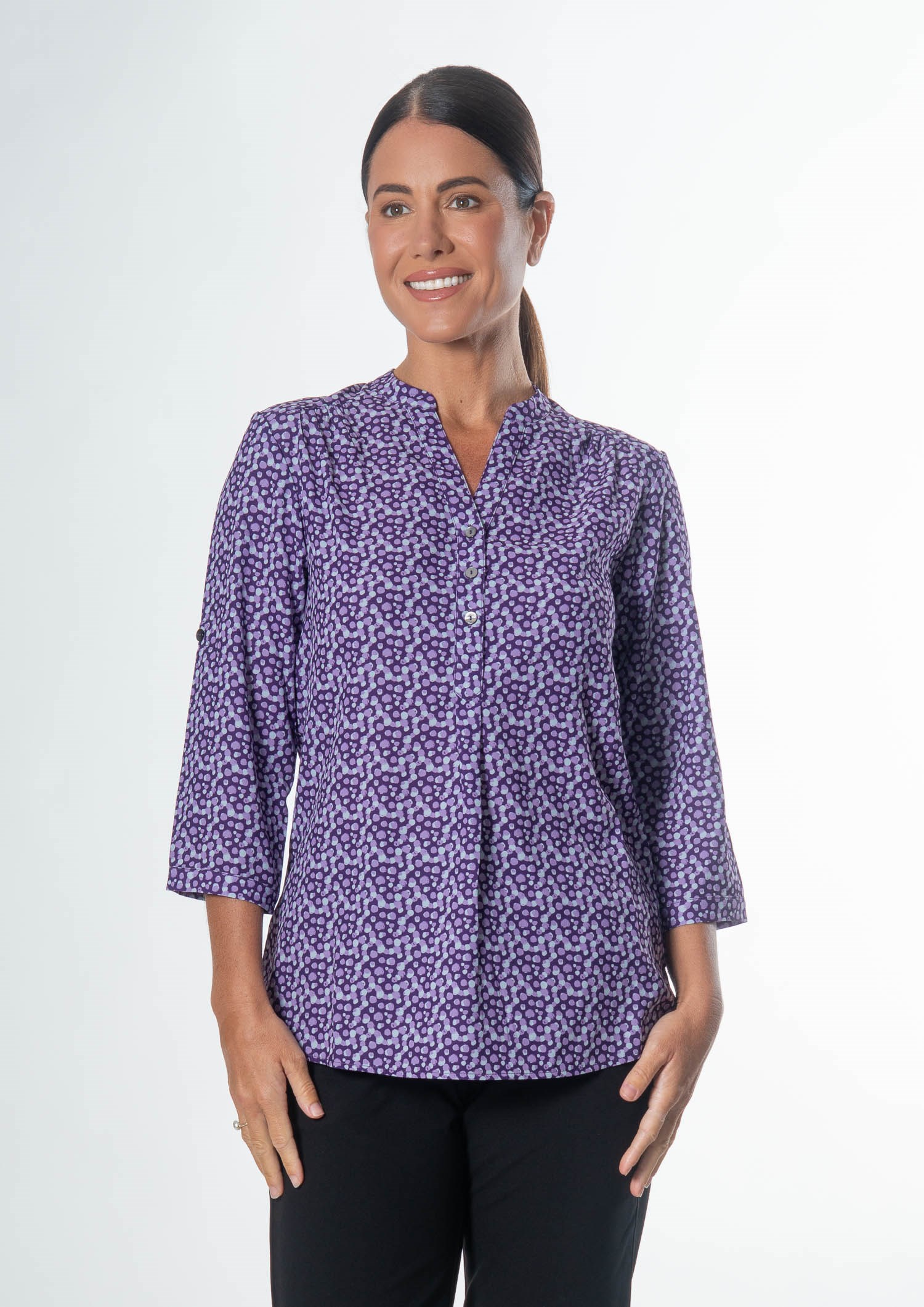 Iris 3/4 Sleeve Top - sea breeze print - blackberry
