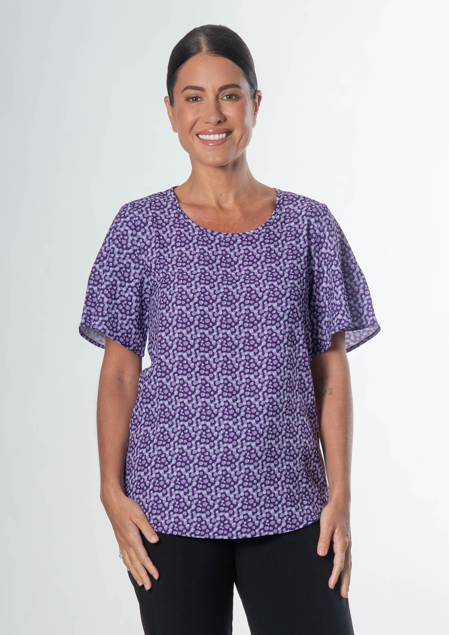 Jasmine Bell Sleeve Top - sea breeze print - blackberry