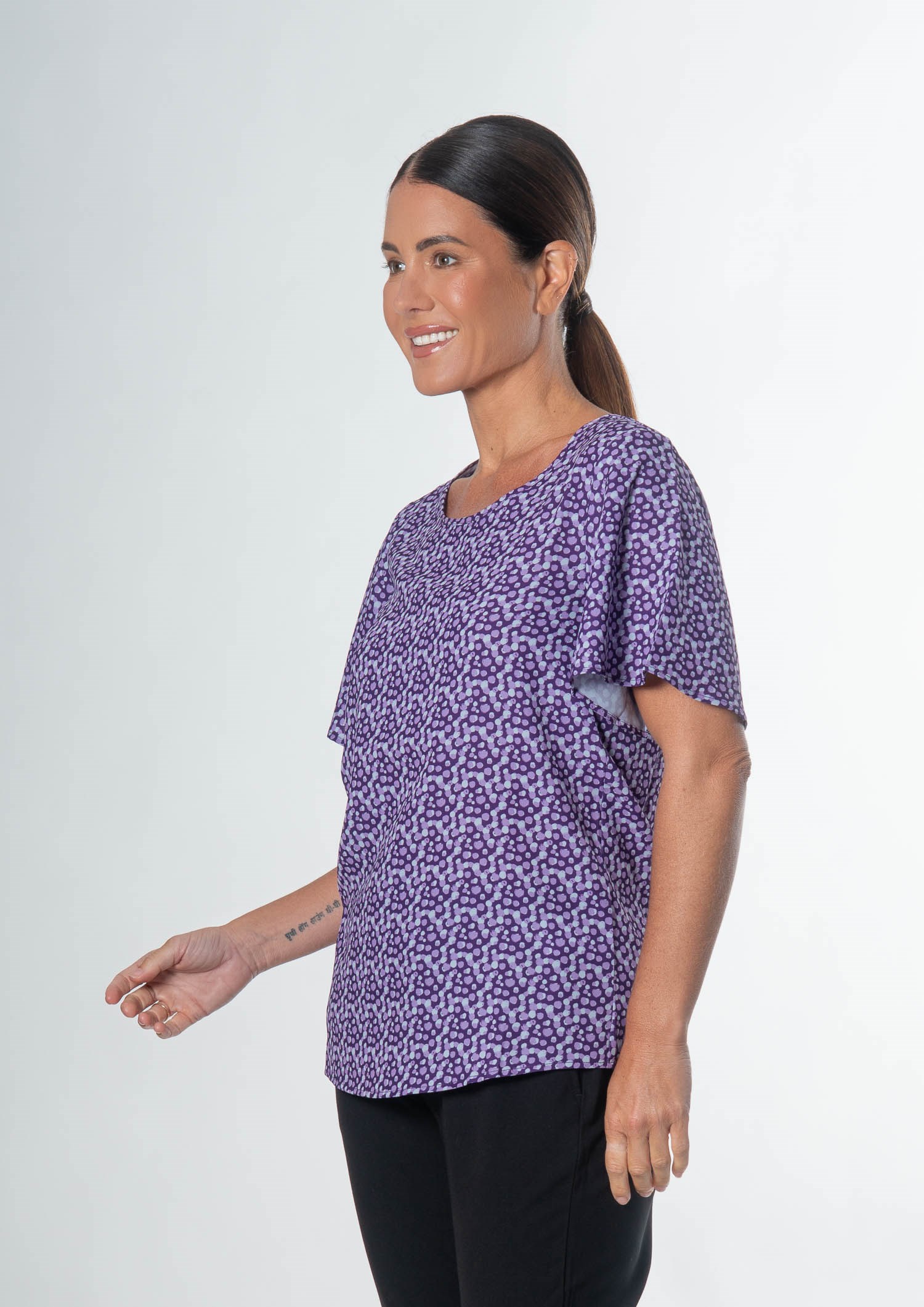 Jasmine Bell Sleeve Top - sea breeze print - blackberry