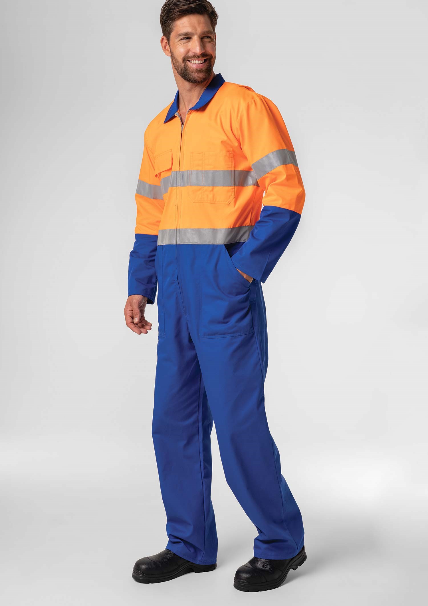 High Vis Day/Night Poly-Cotton Zip Overall - royal/orange