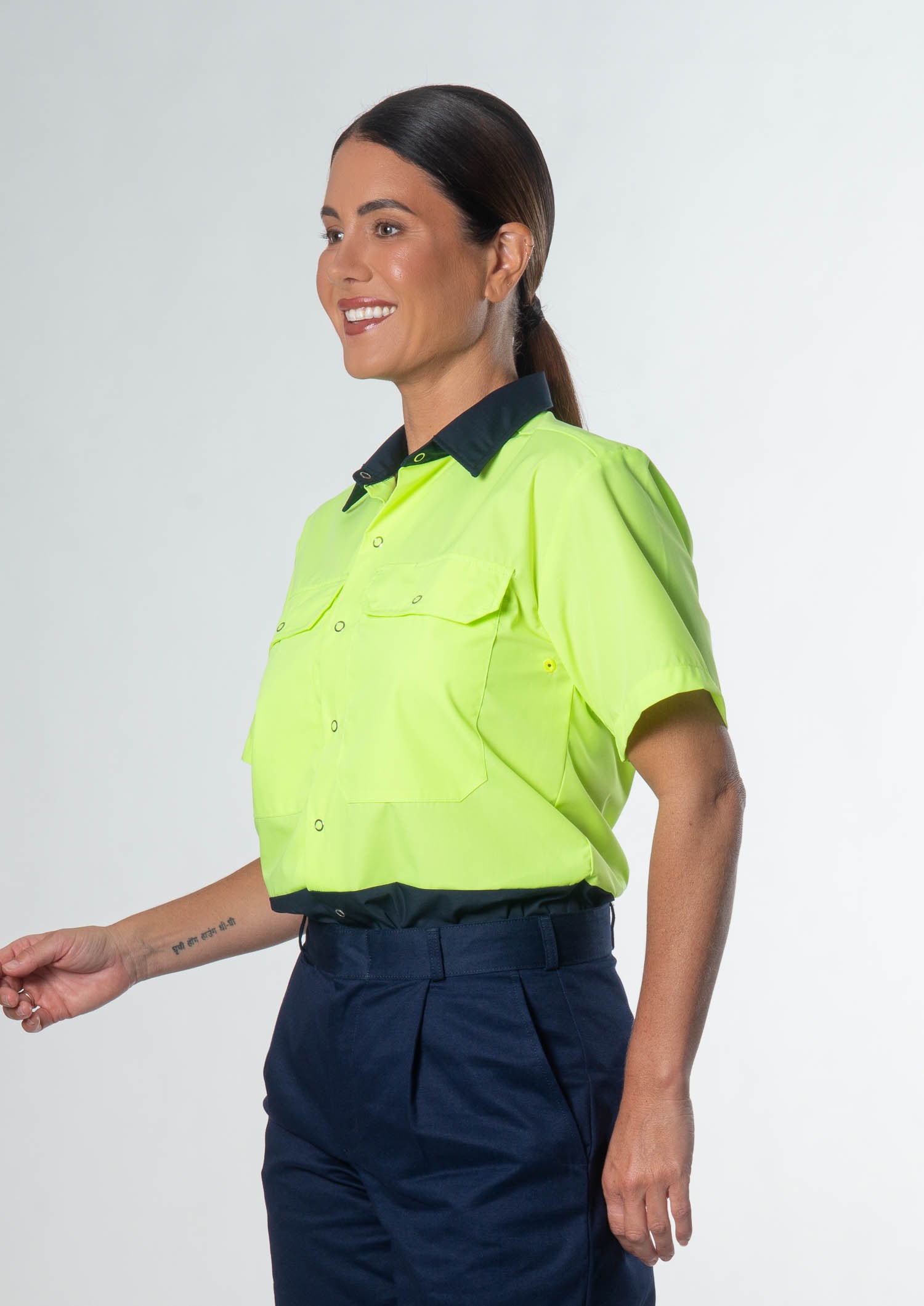 Hi Vis Day S/S Domed Work Shirt - navy/yellow
