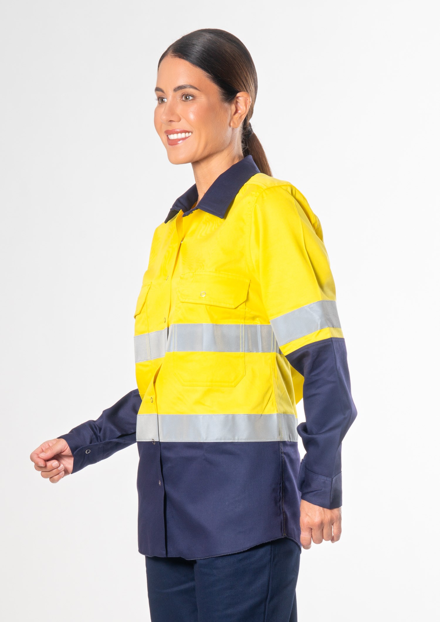 Hi Vis Day/Night Women's Domed Work Shirt - yellow/navy