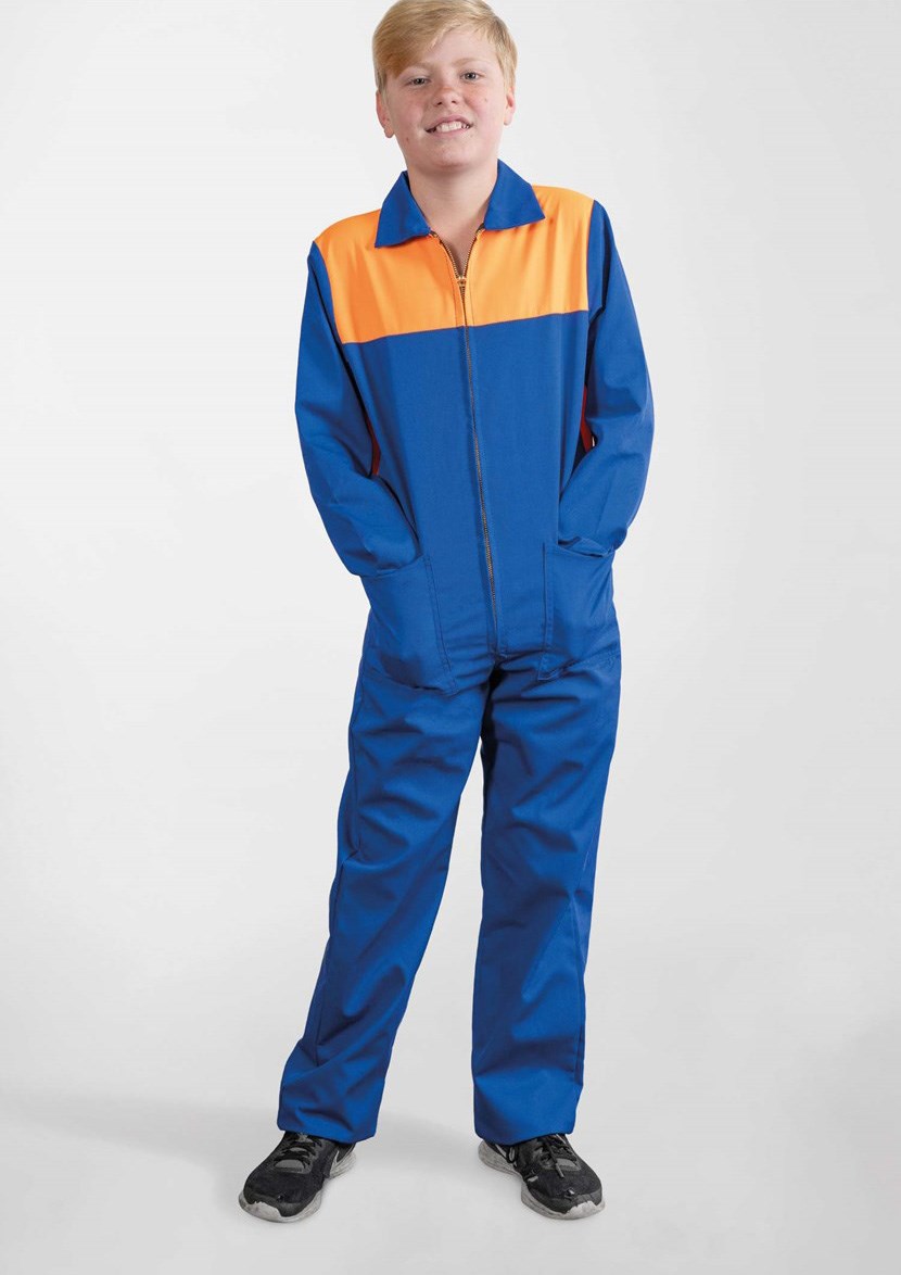 Classic Long Sleeve Poly-Cotton Zip Kid's Overall - royal/orange