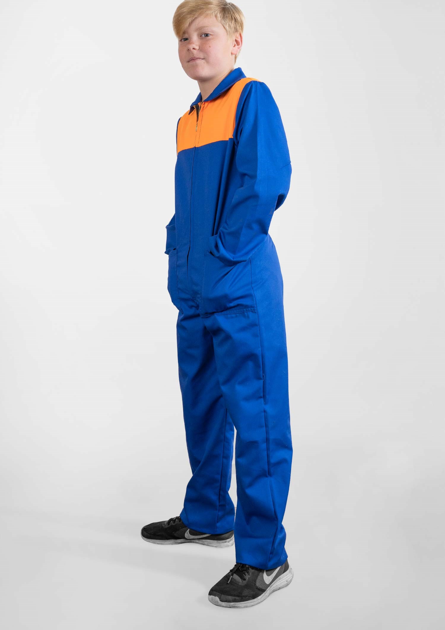 Classic Long Sleeve Poly-Cotton Zip Kid's Overall - royal/orange