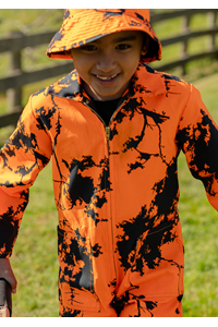 Kids Camo Full Overall - hi vis orange kauri print