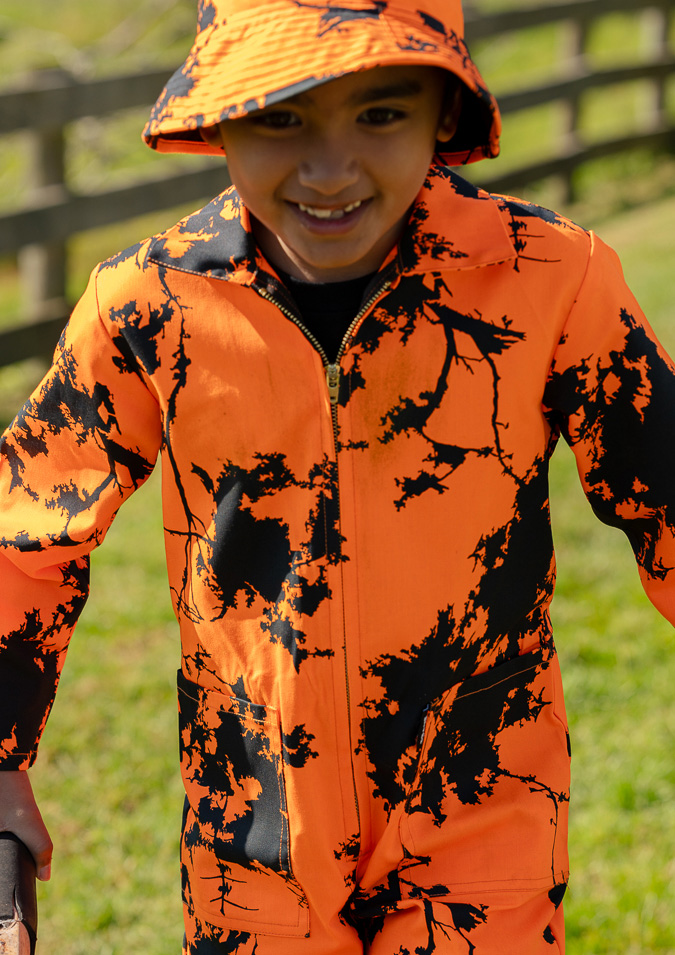 Kids Camo Full Overall - hi vis orange kauri print