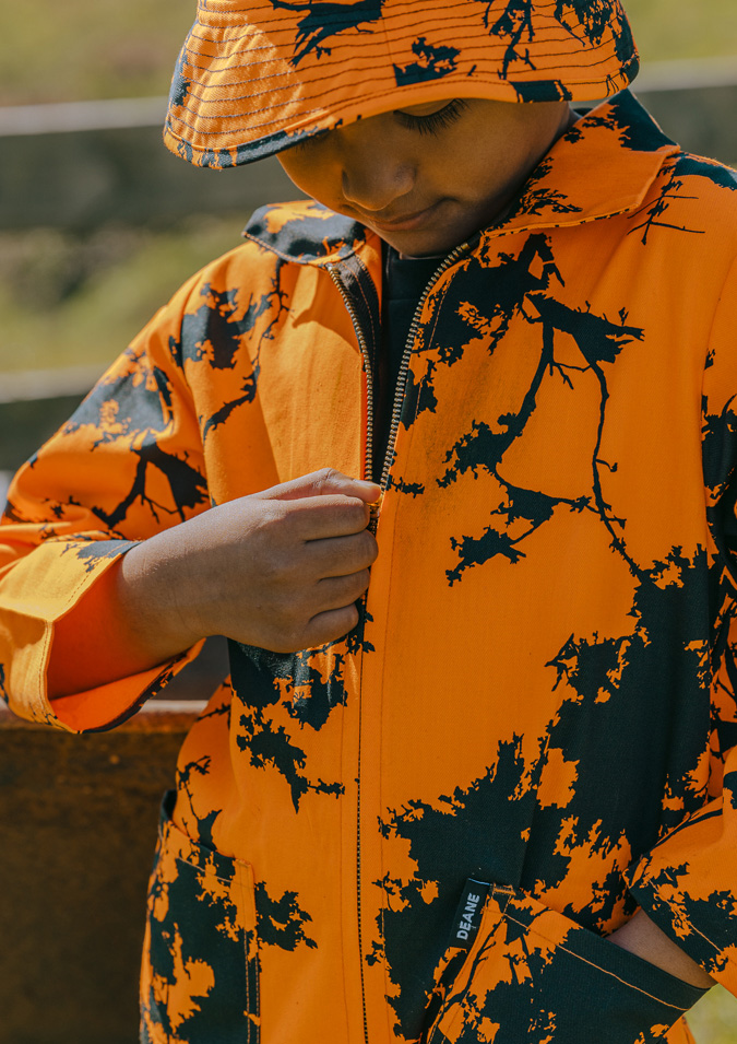 Kids Camo Full Overall - hi vis orange kauri print