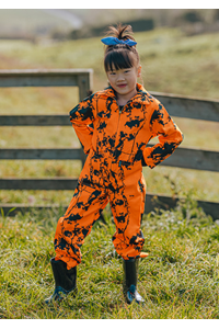 Kids Camo Full Overall - hi vis orange kauri print