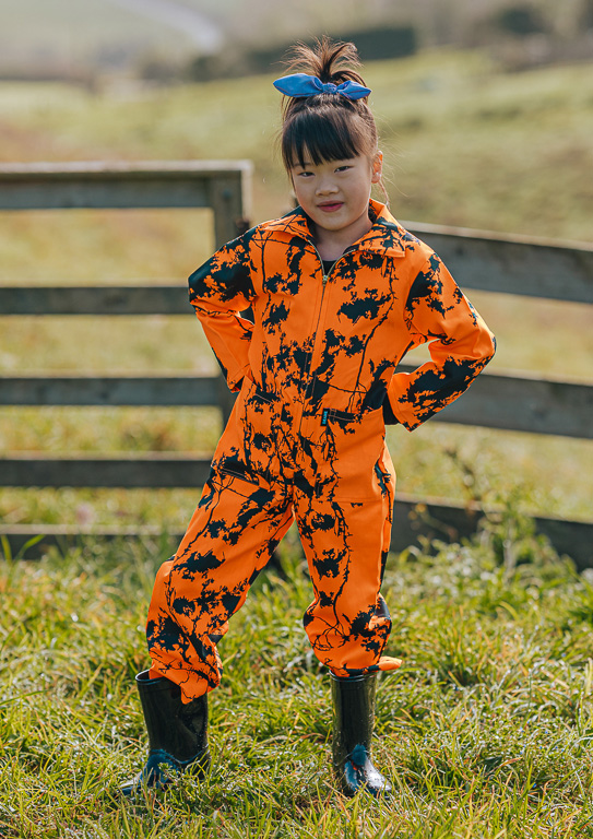 Kids Camo Full Overall - hi vis orange kauri print