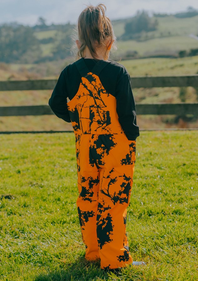 Kids Camo Sleeveless Long Overall - hi vis orange kauri print