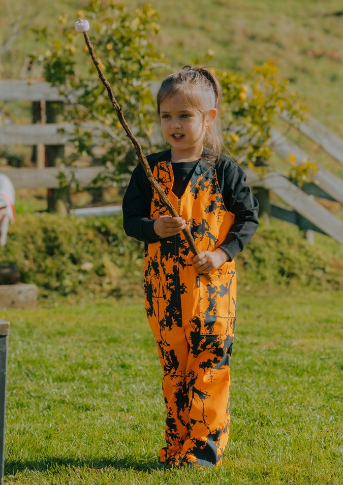 Kids Camo Sleeveless Long Overall - hi vis orange kauri print