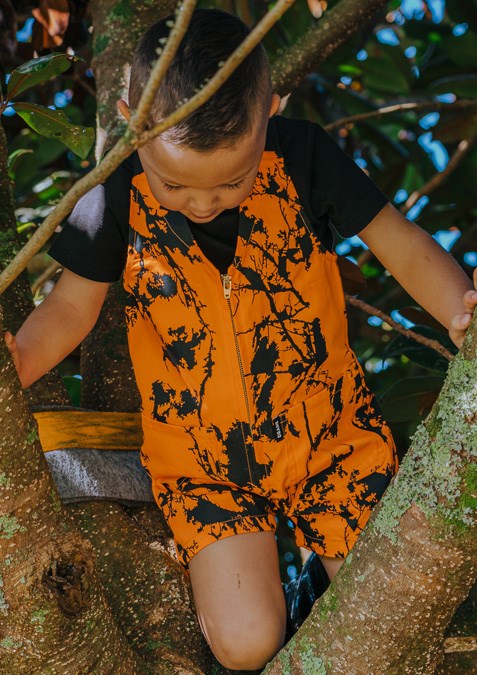 Kids Camo Sleeveless Short Overall - hi vis orange kauri print