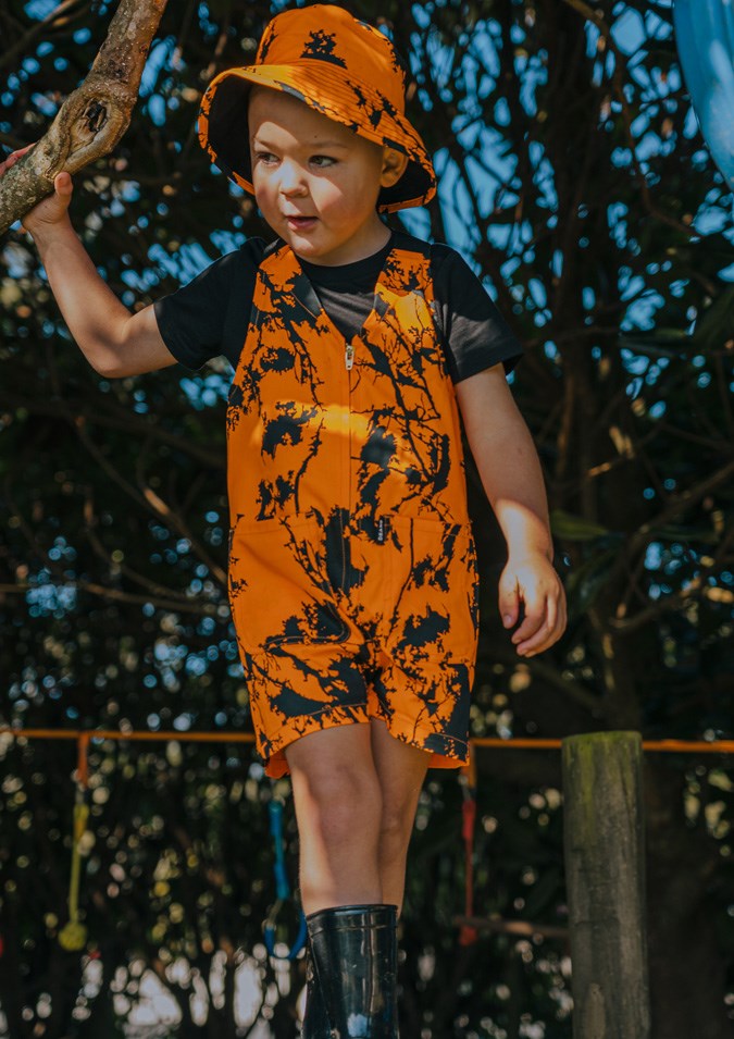 Kids Camo Sleeveless Short Overall - hi vis orange kauri print